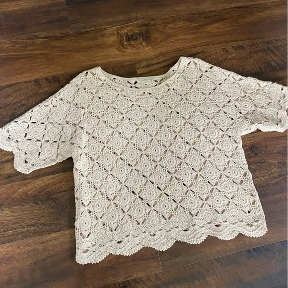 Sezane Dorine Crochet Top 100% Cotton Large Beige Lace Cottagecore Grandmacore - Picture 3 of 14